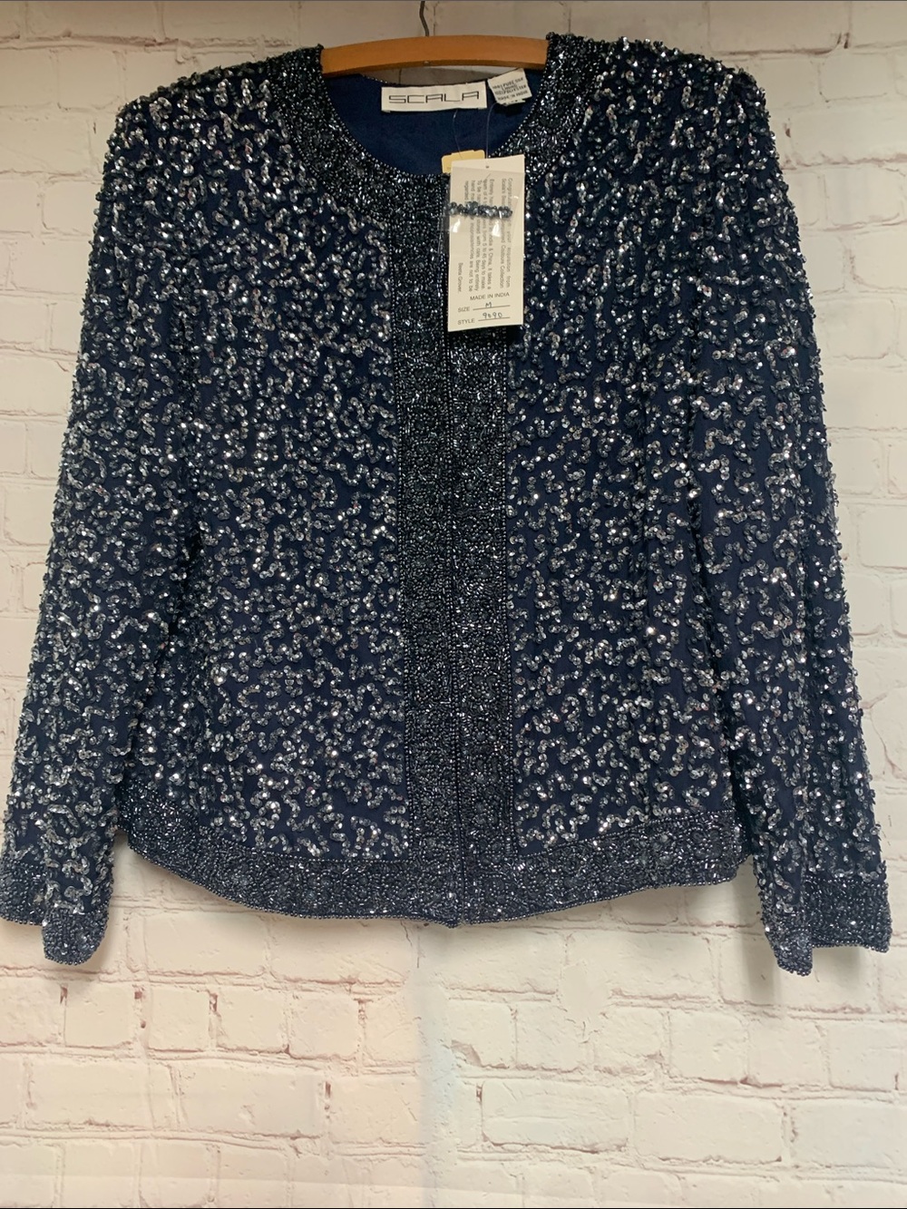 NEW Scala Navy Silver Sequin Silk Jacket Size M